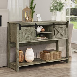 RoyalCraft Farmhouse Entryway Table with Storage and Sliding Barn Door, 32" Tall Console Table with Storage, Wood Sofa Table with Adjustable Shelf, Console Tables for Entryway, Hallway, Living Room