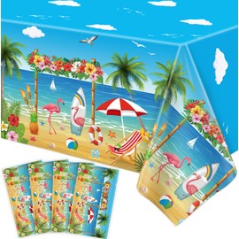 TJYJOY 4 Pack Beach Theme Party Tablecloth Aloha Luau Hawaiian Birthday Table Cloth Flamingo Surfboard Table Cover Disposable Pool Decorations for Baby Showers Seaside Beach Pool Party 86×51 in