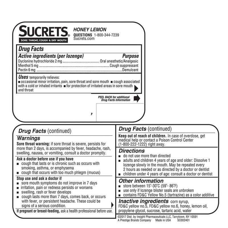 Sucrets Sucrets Sore Throat & Cough Lozenges, Honey Lemon, 18