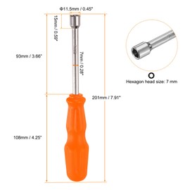 sourcing map Metric Nut Driver 7mm Dia 93mm Shank 6 Point Hex Hexagon Socket Wrench Screwdriver with Non-Slip Handle for Tightening and Loosening Fasteners