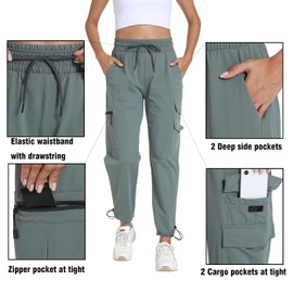 Womens Hiking Pants Water Resistant - Cargo Joggers for Women with Pockets Lightweight Quick Dry Travel Camping Pants (Cargo Gray Green, Large)