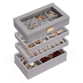 Homde Jewelry Tray Stackable Jewelry Box Drawer Organizer with Glass Lid, Removable Dividers for Vanity Table Gift Idea for Girls and Women (Gray)
