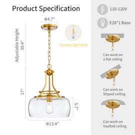 WUZUPS Chandelier Rustic Farmhouse Industrial Round Ceiling Pendant LED Light Fixture with Clear Glass Shades for Dining Room Kitchen Island Foyer Entryway, H 17" x W 13.4", E26 Base, Brushed Gold