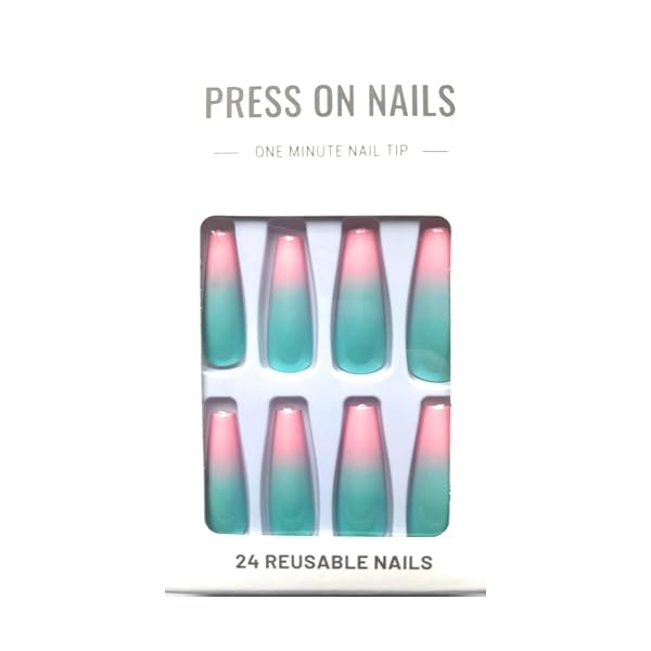 Press On Nails, 24 Reusable Pink and Turquoise Ombre Nail