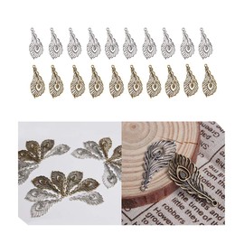 Acxico 20Pcs Peacock Feather Charms Pendants Bright Tibetan Silver 40mm Ancient Silver and Ancient Bronze Each 10