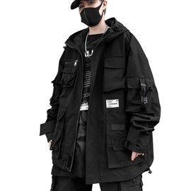 XYXIONGMAO Gothic Clothes Tactical Techwear Zipper Jacket Windbreaker Hooded Streetwear Jackets for Men(Black,3XL)