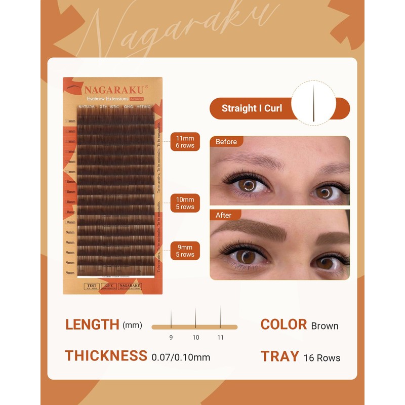 NAGARAKU Eyebrow Extension 0.07mm I-Curl Length 9mm-11mm Brown