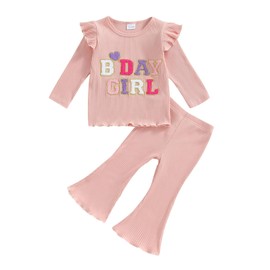 MAHUAOYIXI Baby Girl 2Pcs Birthday Outfits Long Sleeve Letter Embroidery Tops Flying Sleeve + Flare Pants Set Toddler Girls Clothes Birthday Clothing Set (Pink, 12-18 Months)