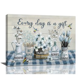 eiffecho Farmhouse Flower Bathroom Decor Wall Art Rustic Flower Every Day Is A Gift Floral Spring Summer Pictures Wall Decor Canvas Painting Prints Artwork Framed for Bedroom Living Room 20"x16"