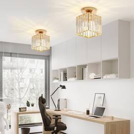 Sxtiger Modern Crystal Ceiling Light, Mini Golden Crystal Ceiling Light E27 Square Lampshade Crystal Chandelier, for Hallway, Entrance, Kitchen, Bedroom, Living Room Lamp (Gold)