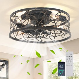 Garwarm Caged Ceiling Fan with Light,18in Rustic Industrial Ceiling Fans with Lights and Remote,Bladeless Fandelier Ceiling Fan,Small Flush Mount Ceiling Fan for Kitchen,Bedroom(6 Speed,Timing)-Bronze