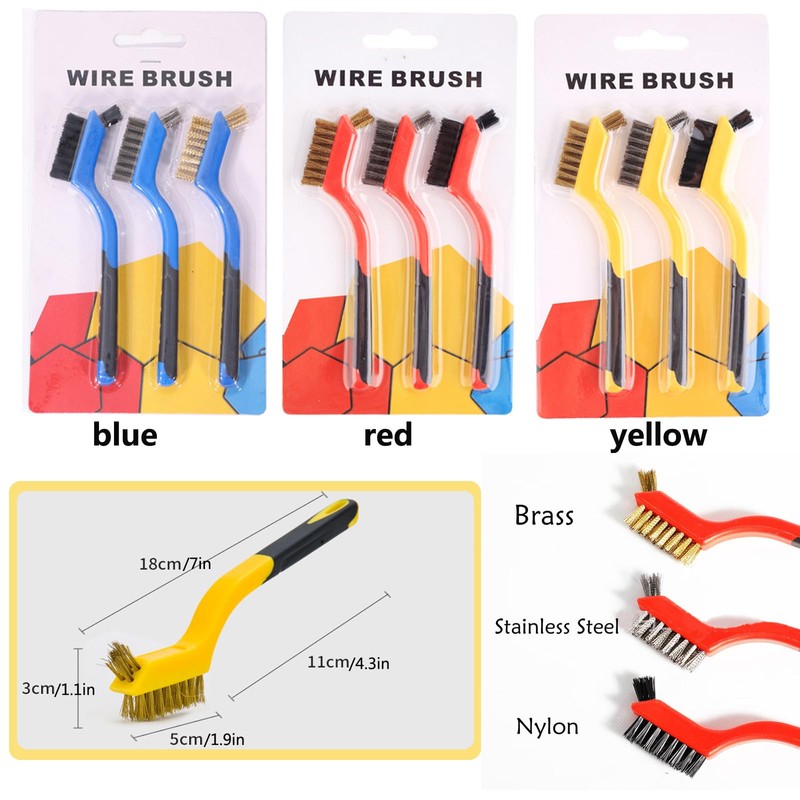 Wire Brush Set 3Pcs, Nylon/Brass/Stainless Steel Bristles with Curved Handle