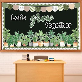 Spring Greenery Classroom Bulletin Board Decorations Potted Plant Bulletin Board Set Motivational Let’s Grow Green Leaves Cutouts for Spring Wall Decor Elementary Back to School Teacher Supplies