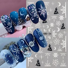 Christmas Nail Stickers for Nail Art Winter Nail Art Stickers Decals 5D Embossed White Snowflake Nail Decals Xmas Snowman Nails Design Moon Xmas Tree Nails Adhesive for Women Manicure Decoration 2Pcs