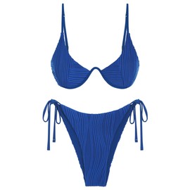 ZAFUL - Conjunto de bikini para mujer, de dos piezas, con aros y cierre en la espalda, ajustable, con lazo lateral, Azul Real, X-Small