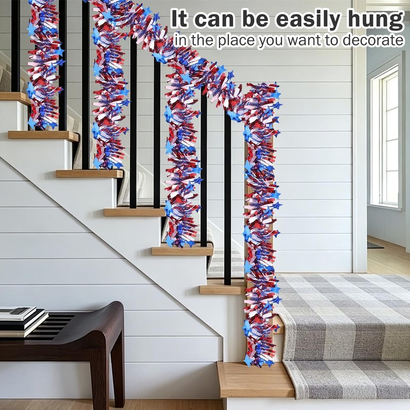 Garland Patriotic Decor Red White Blue Metallic Tinsel with Stars