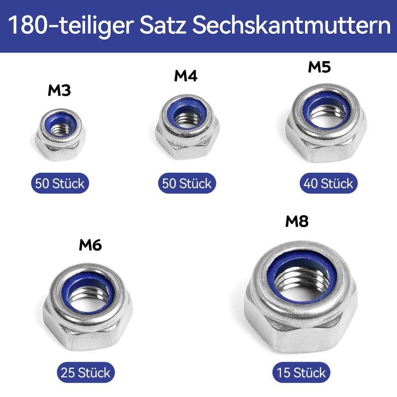 Pack of 180 Locking Nuts Assortment Set, M3 M4 M5