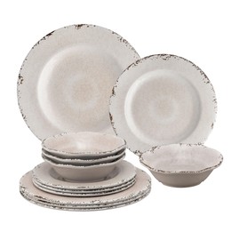 UPware 12-Piece Melamine Dinnerware Set, Includes Dinner Plates, Salad Plates, Bowls, Service for 4 (Crackle, Cream)