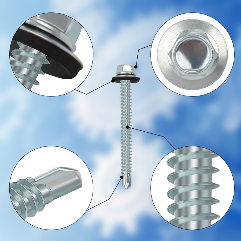60PCS Roofing Screws with Rubber Washers 6.3x75mm Hex Head Self