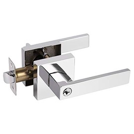 Probrico Heavy Duty Square Keyed Door Lever with Lock and Key, Polished Chrome Entrance Door Handle for Exterior or Interior Doors[Reversible for Right & Left Handing], 1 Pack