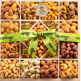 NUT CRAVINGS - Valentines Day Mixed Nuts Gift Basket in Reusable Diamond Wooden Tray + Green Ribbon (13 Assortments) Xmas Treats for Adults, Food Arrangement Healthy Snack Care Package, Kosher