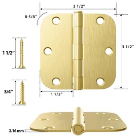 HOSOM Door Hinges Brushed Brass 3.5 Inch with 5/8" Radius Corners Rounded Interior Door Hinges 3 1/2" Gold Door Hinge for Door Heavy Duty Door Hardware, 3 Pack