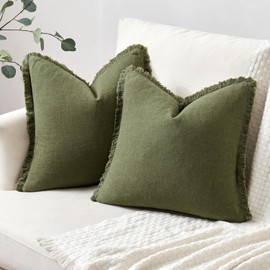 Woaboy Pack of 2 Pillow Covers Ramie Linen Throw Pillow Covers DecorativePillow Covers Farmhouse Style Boho Cushion Covers Olive Green Pillow Covers with Fringe for Living Room 20x20 Inch