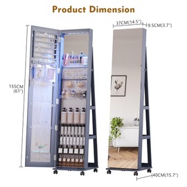 FONTOI Jewelry Mirror Cabinet, 61” Jewelry Organizer with 3 Color LED Light, Standing Jewelry Armoire with Wheels, 3-layer Storage Shelves with Full-Length Mirror, Grey