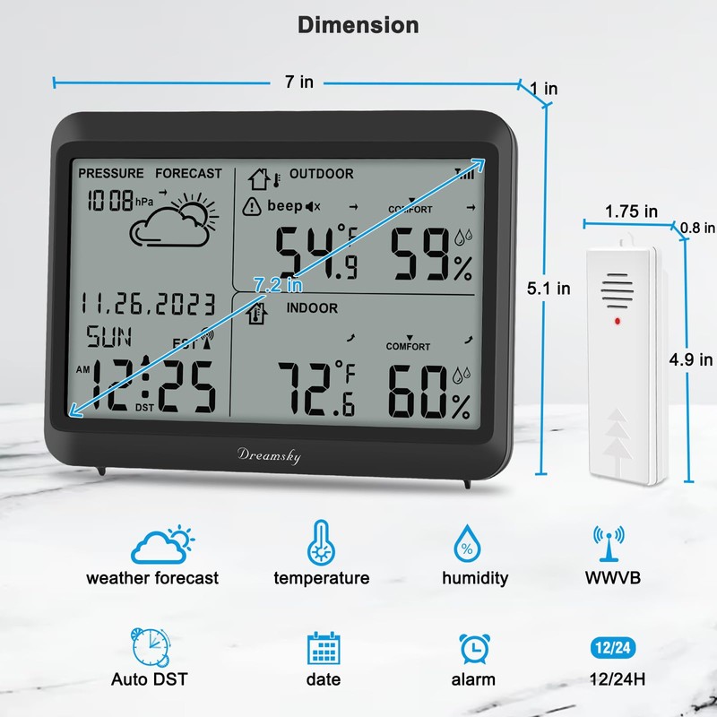 DreamSky Weather Station Indoor Outdoor Thermometer Wireless - Atomic Clock