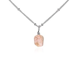 Pink Peruvian Opal Raw Crystal Pendant Necklace in Stainless Steel Satellite