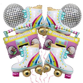 8 Pieces Rainbow Roller Skate Balloons Boom Box 22 Inch Disco Foil Balloons Foil Balloons Roller Skate Party Supplies for 80's 90's Party Hip Hop Birthday Party Decorations Boombox Party Decorations