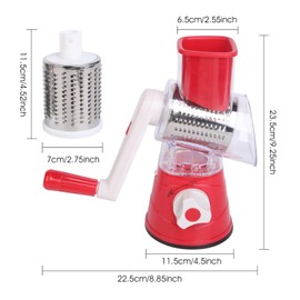 Rotary Cheese Grater, Iceten 3 in 1 Rotary Cheese Grater Vegetable Slicer with 3 Stainless Steel Rotating Blades, Multifunctional Manual Vegetable Cutter/Shredder/Grater-Strong Suction Base(Red)