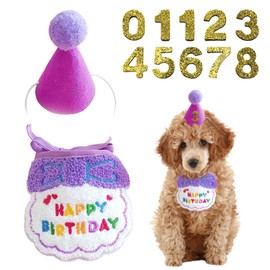 Dog, Birthday, Hat, Bandana, Pet Decoration, 3-Piece Set, Cat Birthday Gift, Towel, Cute Saliva Towel, Adjustable Pet Clothes, Decoration, Birthday, Small Dogs (Purple)