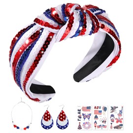 UQJE 8Pcs 4th of July American Accessories Flag Sequin Headband with Patriotic Earrings, Red White Blue Necklace and Fourth of July Temporary Tattoos