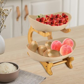 YIYIBYUS 2 Tier Bamboo & Ceramic Fruit Basket for Kitchen Counter - Space Saving Double Layer Storage Bowl for Fruits, Vegetables, Snacks - Decorative Serving Stand (Khaki)