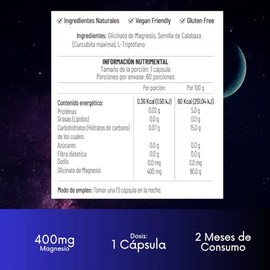 Glicinato de Magnesio con Semillas de Calabaza | Alta Absorción y Fórmula Natural | 60 Cápsulas Veganas. 400mg Magnesio