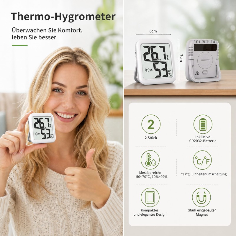 Antonki Set of 2 Thermometers, Hygrometers, Indoor Room Thermometer