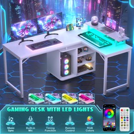 Cyclysio L Shaped Gaming Desk with Wood Cabinet, 58" Large Corner Desk with LED Lights & Power Outlet, Reversible Computer Desks with Computer Tower Stand, 2 Person Desks for Home Office, White