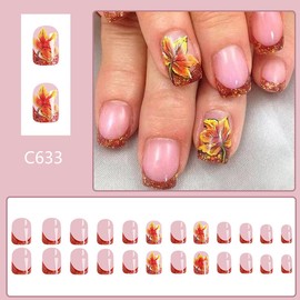 Fall Press on Nails Short Square French Tip Fake Nails Glitter Maple Leaf Design,Glue on Nails Fall Shiny Thanksgiving Nails Full Cover Glitter Nail Tips False Nails Autumn Winter Decoration for Women
