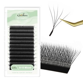 NATUHANA W-Form Clover Eyelash Extension, 5D Volume Eyelashes, 0.07C Curls, 9-15 mm, Mixed Easy Fan, W-Shape Eyelash Accessories (5D Black 0.07C 9-15 Mix)