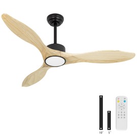 Revoici 52 inch Ceiling Fans with Lights and Remote, 3 Natural Wood Blades, Modern Indoor/Outdoor Ceiling Fan for Living Room Bedroom Farmhouse Patio, 6 Speeds, Dimmable, Noiseless Reversible DC Motor