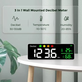 Digital Decibel Meter, 3-in-1 Sound Level Meter, Wall Hanging, Sound Level Meter with Temperature & Humidity, 30 ~ 130 dB, 11 Inch Large LED Screen, for Home, Baby Room, Library