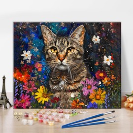 TISHIRON Paint by Numbers for Adults Beginner, Cute Cat Among Bright Flowers DIY Oil Painting by Numbers on Canvas with Brushes for Adults Gifts - 16x20 Inch, Without Framed