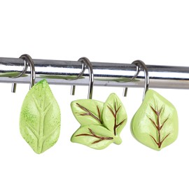 Twofishes Light Green Leaves Shower Curtain Hooks S/12 Decorative Rust Proof Resin Shower Curtain Rings Pack of 12