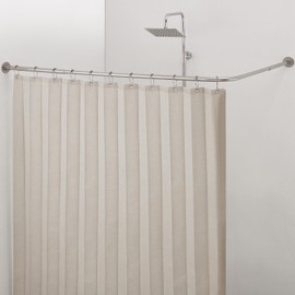 Crkmire Corner Shower Curtain Rod, [24"-53"] x [24"-53"] Adjustable L Shaped No-Sagging 90 Degree Curved Curtain Rod for Bathroom with 12 Ring Hooks & Ceiling Support - Brushed Nickel