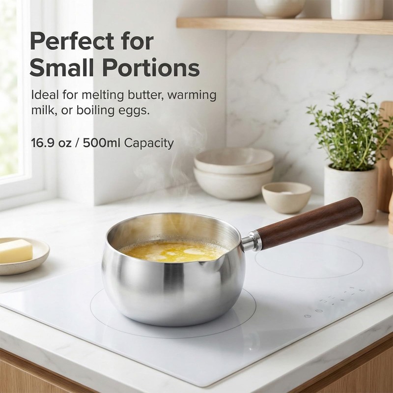 17oz Stainless Steel Sauce Pot with Heat Resistant Wooden Handle,
