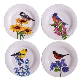 Bamboo Table Birds with Flowers 8-1/4" Salad Plates, Set of 4, Made of Eco-Friendly Bamboo Composite