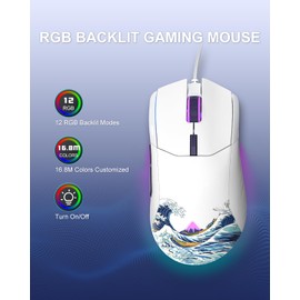COSTOM Womier G705 USB Wired Gaming Mouse for PC Computer Windows Mac Laptop, Lightweight Silent RGB Backlit Mouse with Adjustable 12000DPI/7 Programmable Side Buttons,White Kanagawa Theme