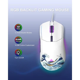 COSTOM Womier G705 USB Wired Gaming Mouse for PC Computer Windows Mac Laptop, Lightweight Silent RGB Backlit Mouse with Adjustable 12000DPI/7 Programmable Side Buttons,White Kanagawa Theme