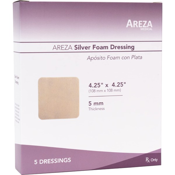 Areza Silver Foam Wound Dressing 4.25" x 4.25" Sterile 5 dressings per Box x1
